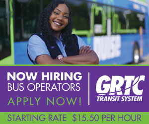 Photo of bus operator with text: Now Hiring Bus Operators Apply Now!