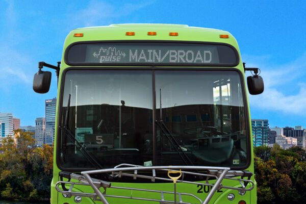 Pulse Bus displaying the MAIN/BROAD destination header, the background is the Richmond, VA skyline
