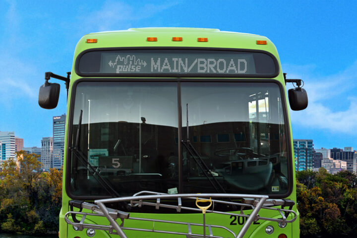 Pulse Bus displaying the MAIN/BROAD destination header, the background is the Richmond, VA skyline