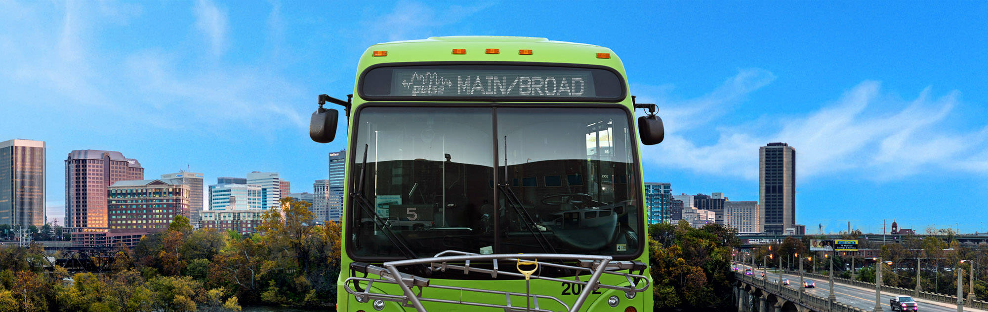 Pulse Bus displaying the MAIN/BROAD destination header, the background is the Richmond, VA skyline