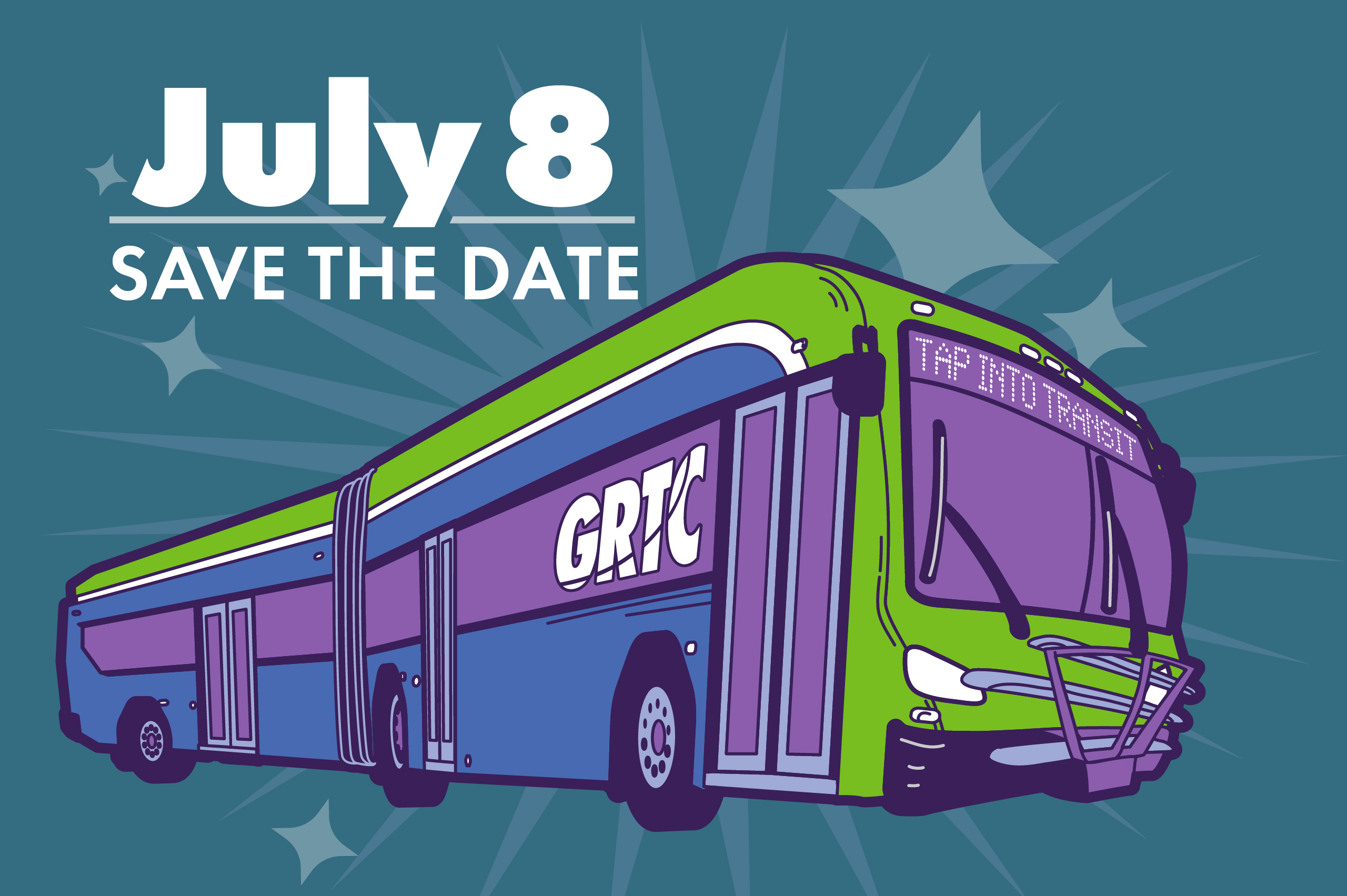 Text: July 8: Save the Date Image: a cartoon illustration of our new articulated bus for Pulse