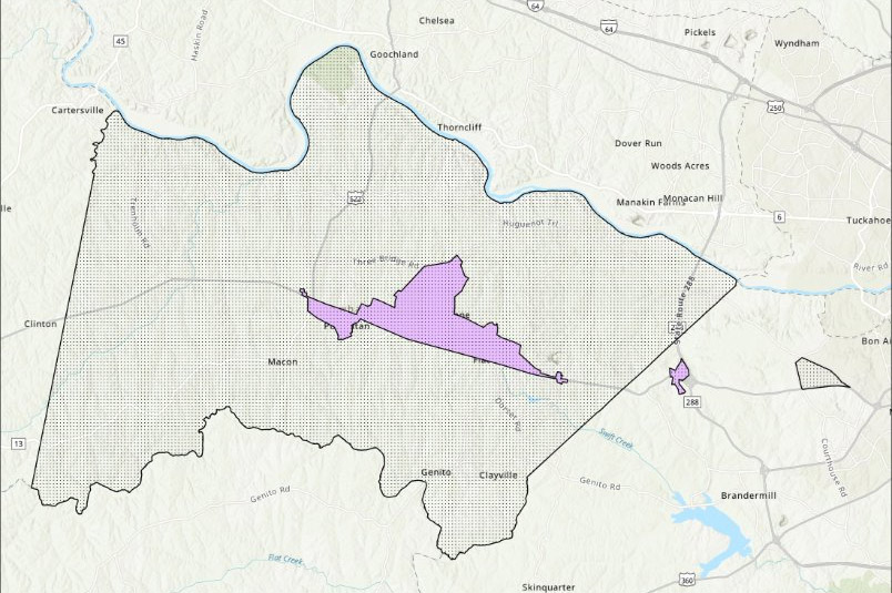 Map of the Powhatan zone showing the 252 sq mi increase to the service area