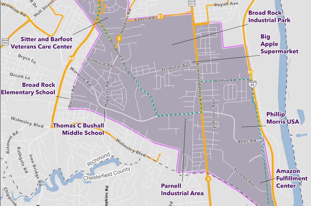 Map showing GRTC's Broad Rock Zone