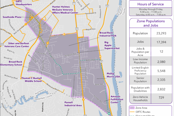 Map showing GRTC's Broad Rock Zone