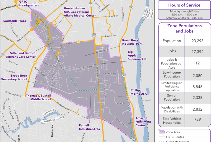 Map showing GRTC's Broad Rock Zone