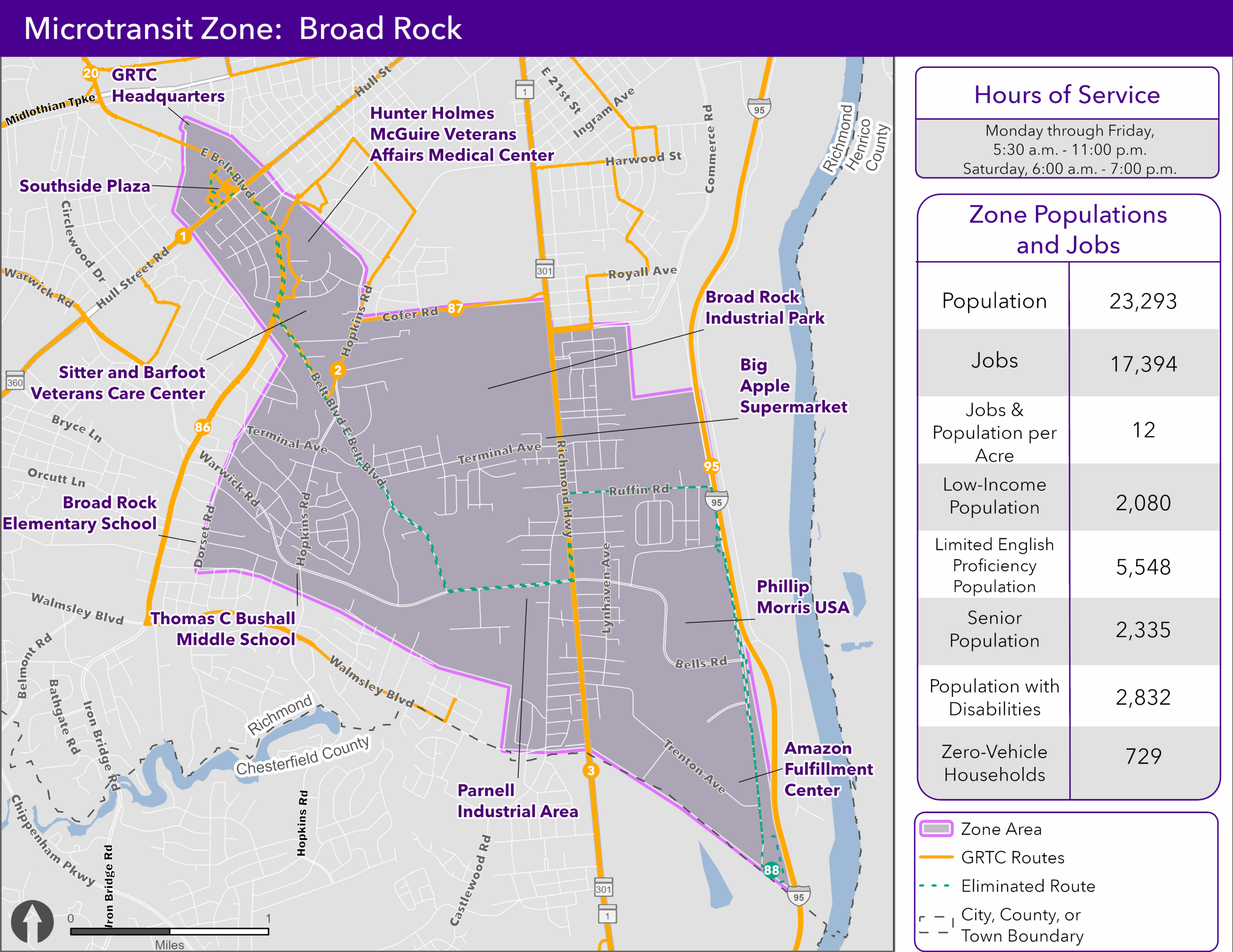 Map showing GRTC's Broad Rock Zone