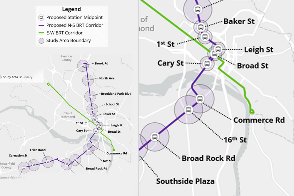 Proposed station areas for the N-S BRT Line