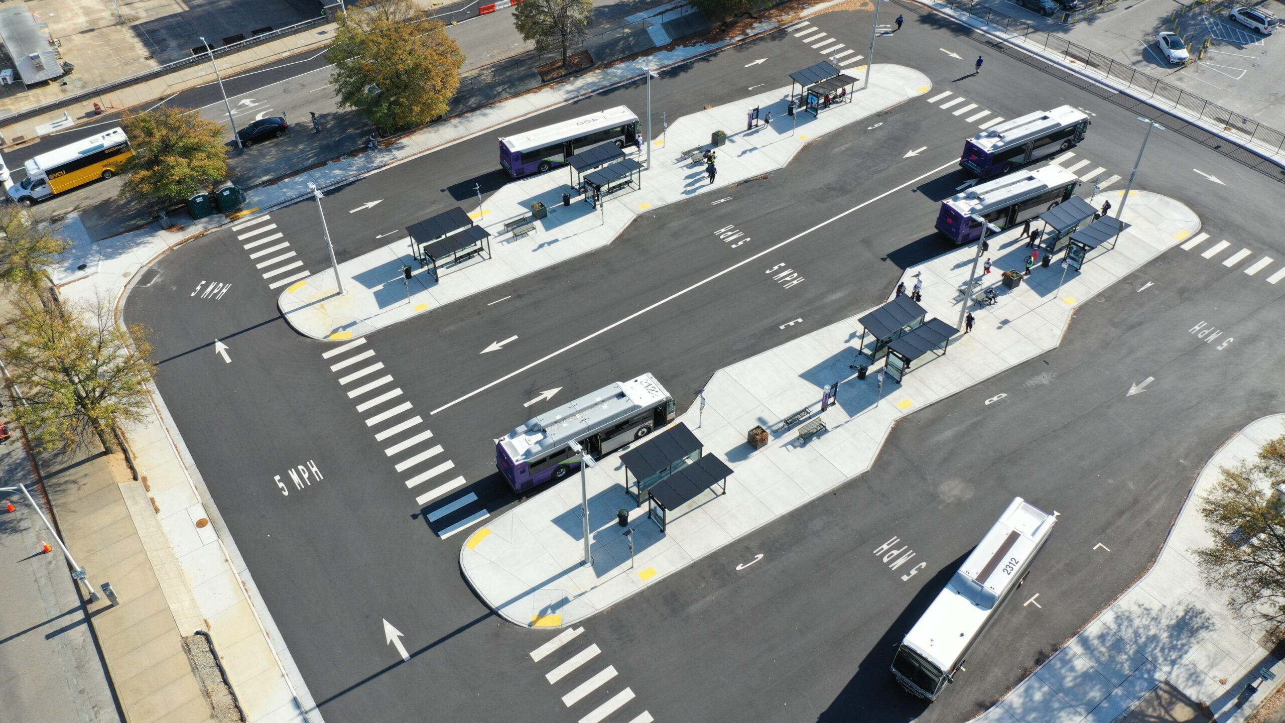 Aerial view of buses pulling up to the Downtown Transfer Station