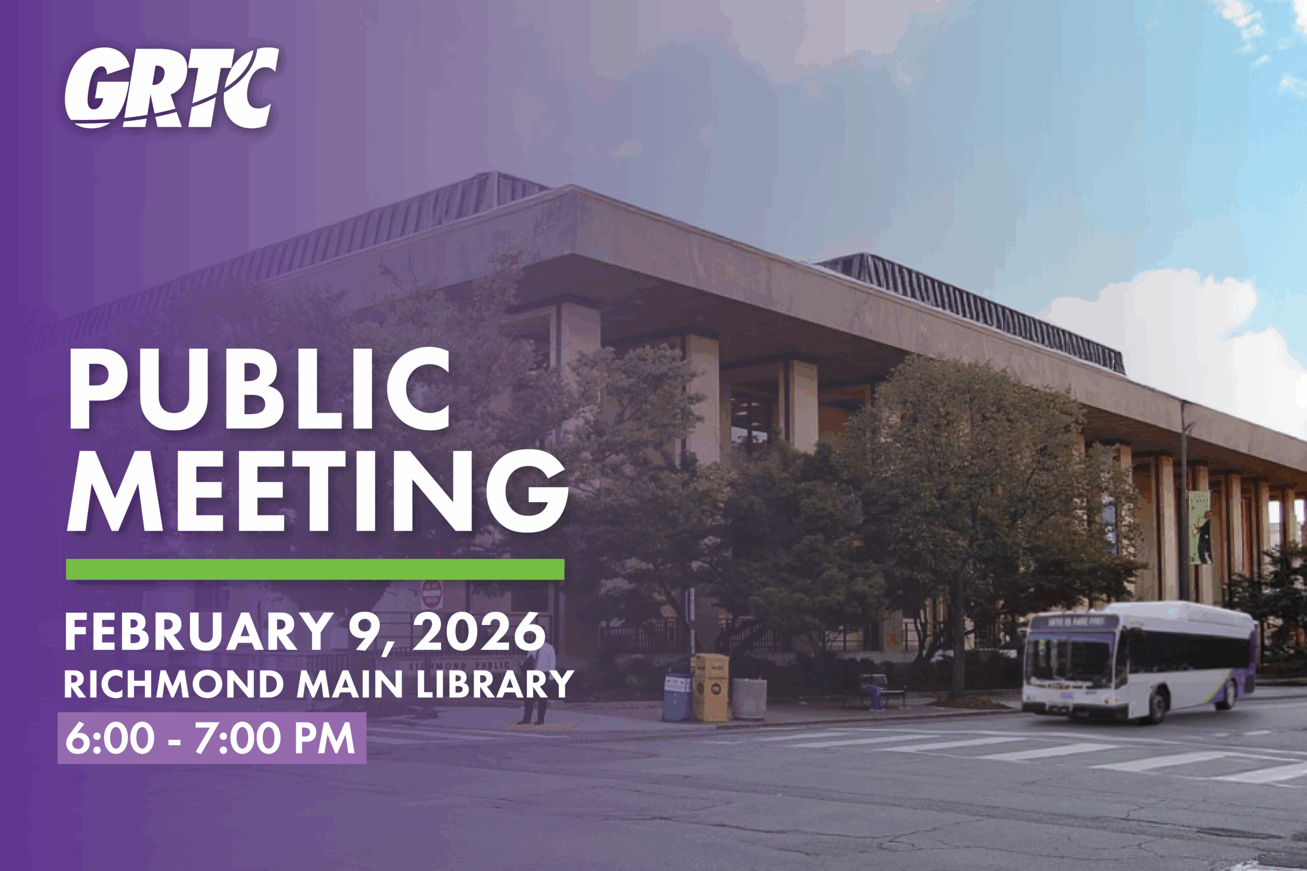 Image of GRTC bus in front of library with text 