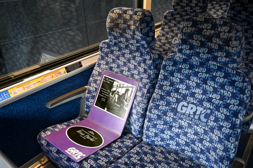 Reserved seat in honor of Rosa Parks, from GRTC's Transit Equity Day event