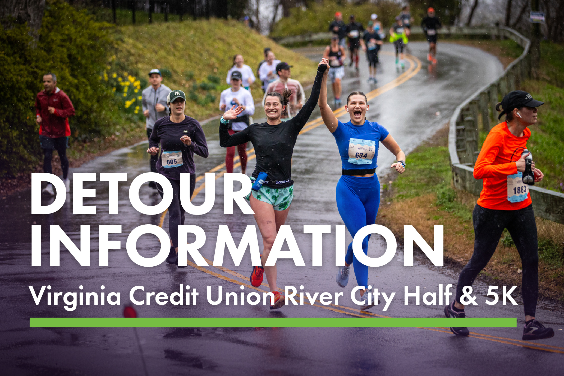 runners in the Virginia Credit Union River City Half & 5K with text: Detour Information