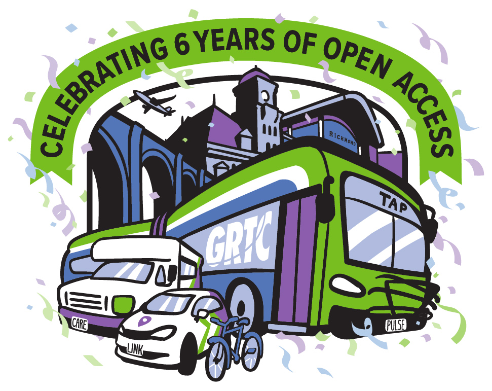 Celebrating 6 Years of Open Access! Banner above illustrations of bus, van, and bike in front of Richmond landmarks