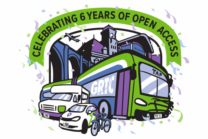 Celebrating 6 Years of Open Access! Banner above illustrations of bus, van, and bike in front of Richmond landmarks