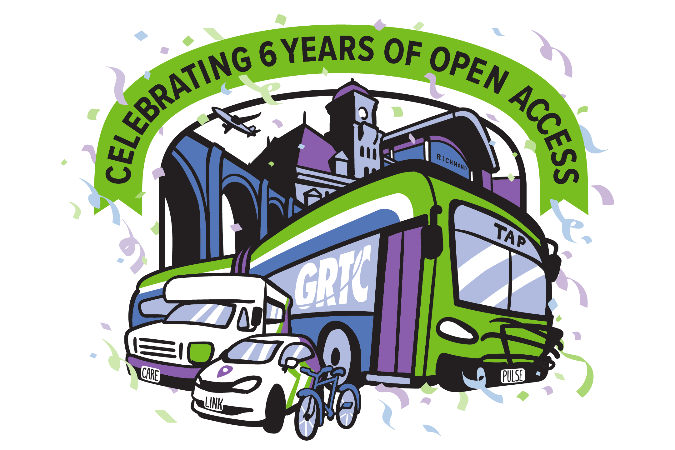 Celebrating 6 Years of Open Access! Banner above illustrations of bus, van, and bike in front of Richmond landmarks