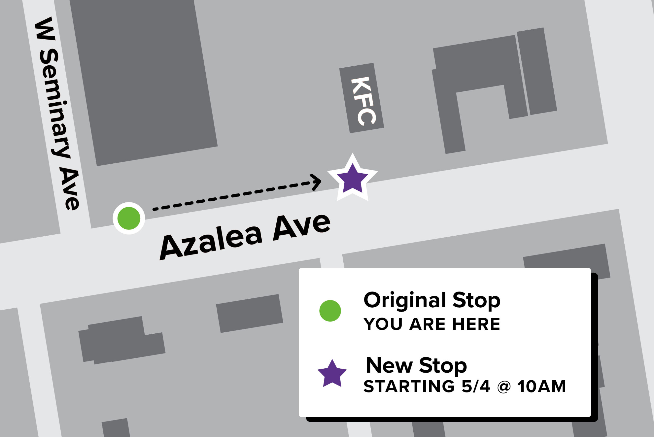 Map showing the new location of the stop, 250 feet east