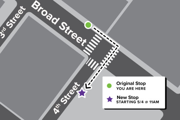 Map showing where bus stop will be permanently relocated around the corner to 4th Street