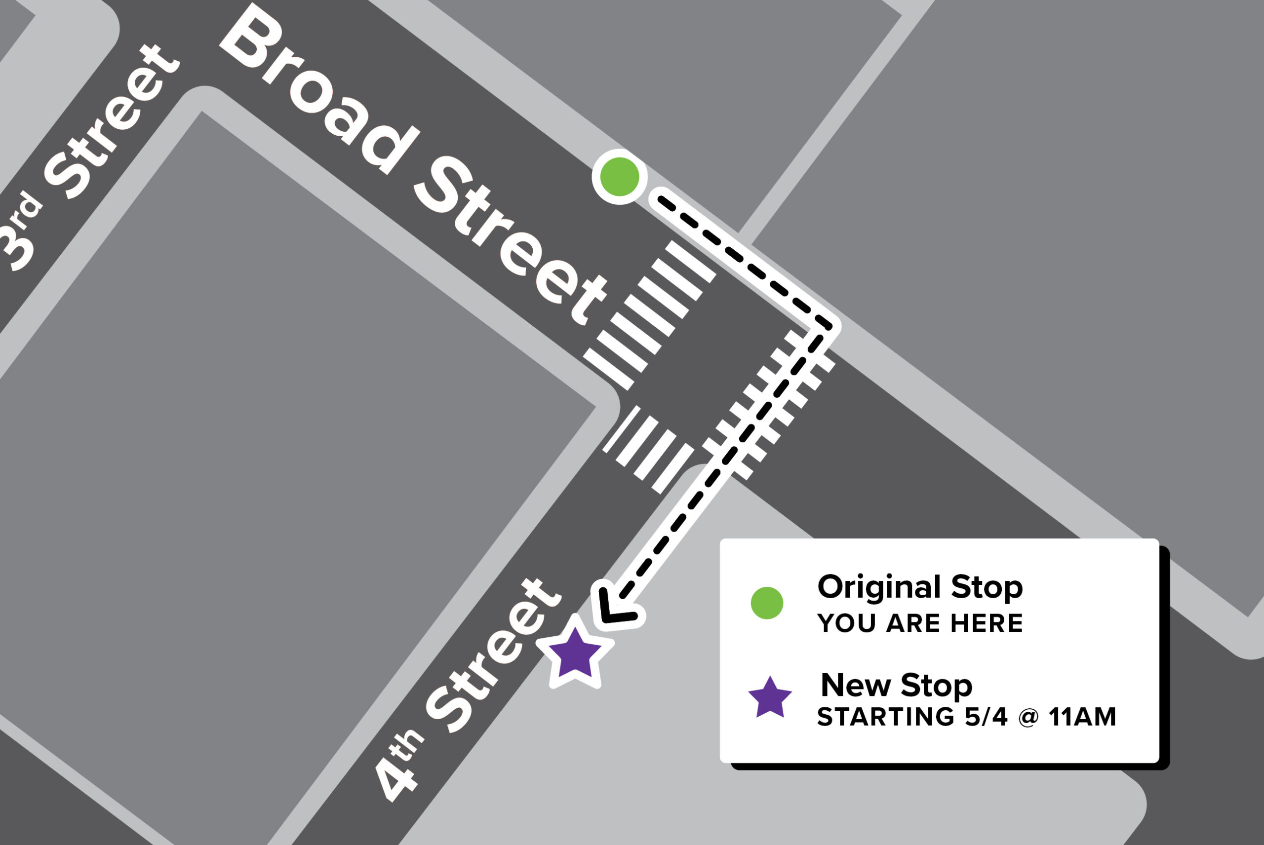 Map showing where bus stop will be permanently relocated around the corner to 4th Street