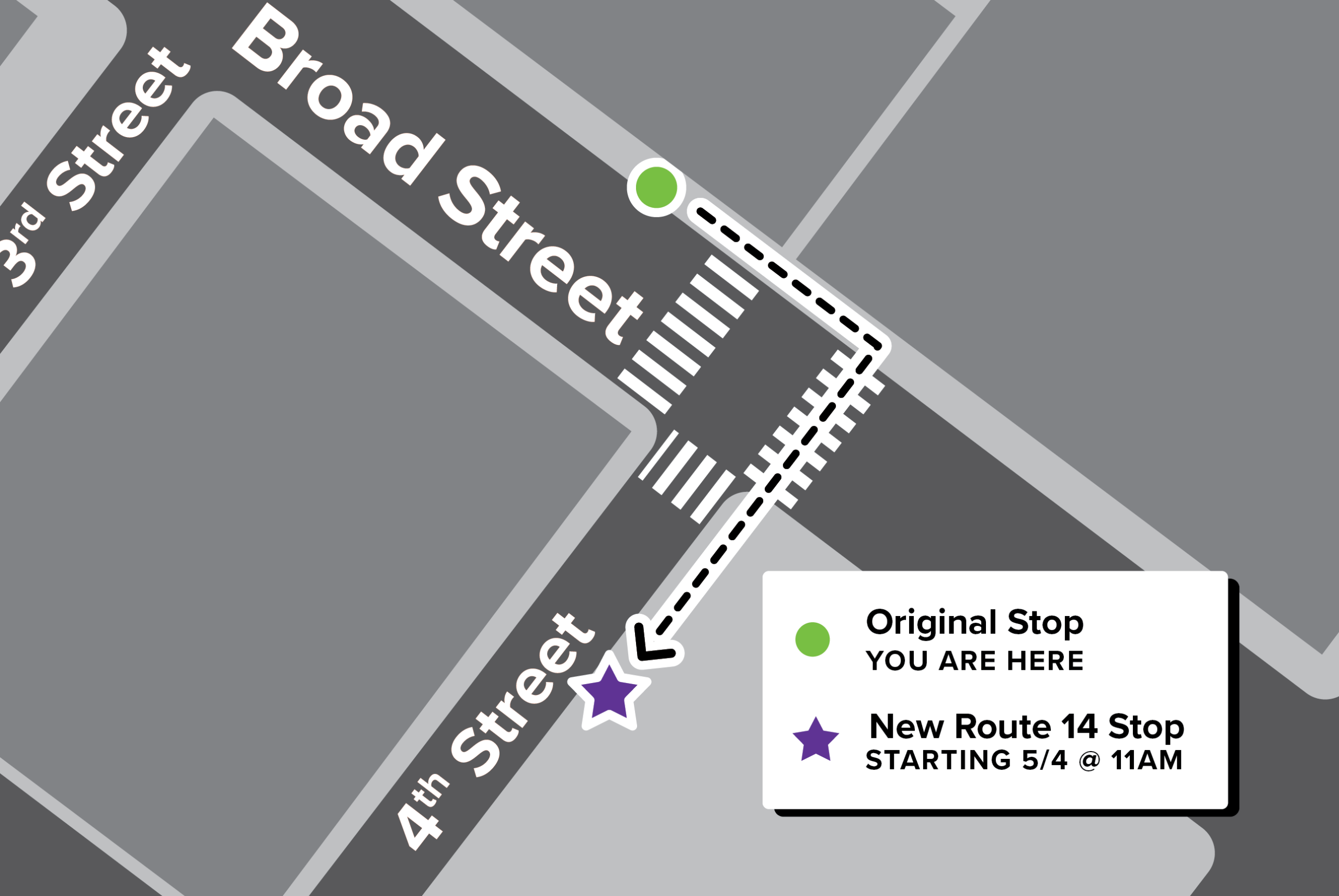 Map showing where Route 14 bus stop will be permanently relocated around the corner to 4th Street