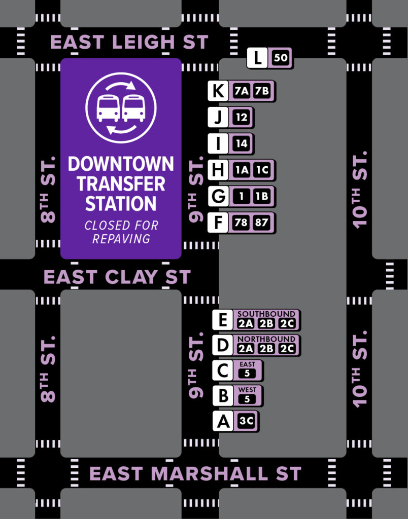 Map showing Downtown Transfer Station Temporary Relocation Plan, with bays A through E relocated to 9th street between East Marshall and East Clay, bays F through K relocated to 9th Street between East Clay and East Leigh, and bay L around the corner on East Leigh at Leigh & 9th St