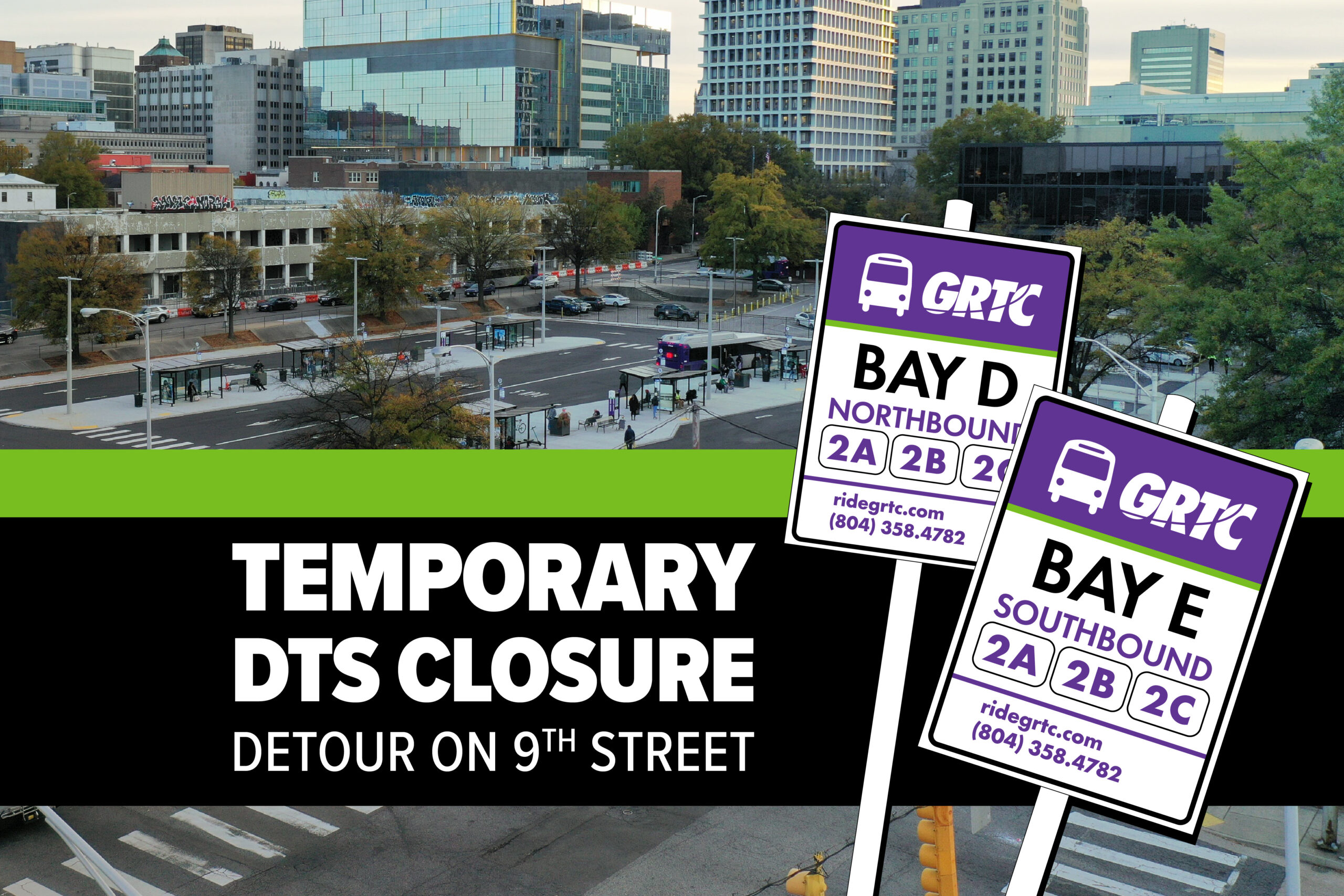 Image of temporary bus stop signs with text: Temporary DTS Closure | Detours on 9th Street