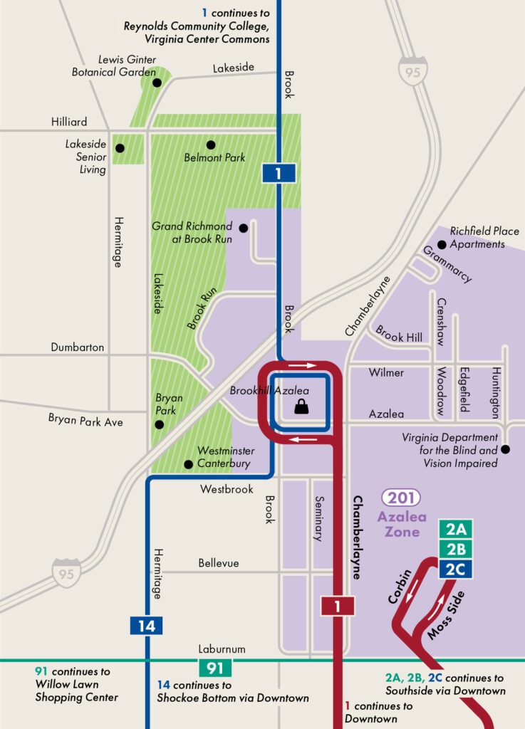 Map highlighting the expanded area of service, including including Bryan Park, Belmont Park, Lewis Ginter Botanical Garden, Westminster Canterbury, Lakeside Senior Living and CSL Plasma.