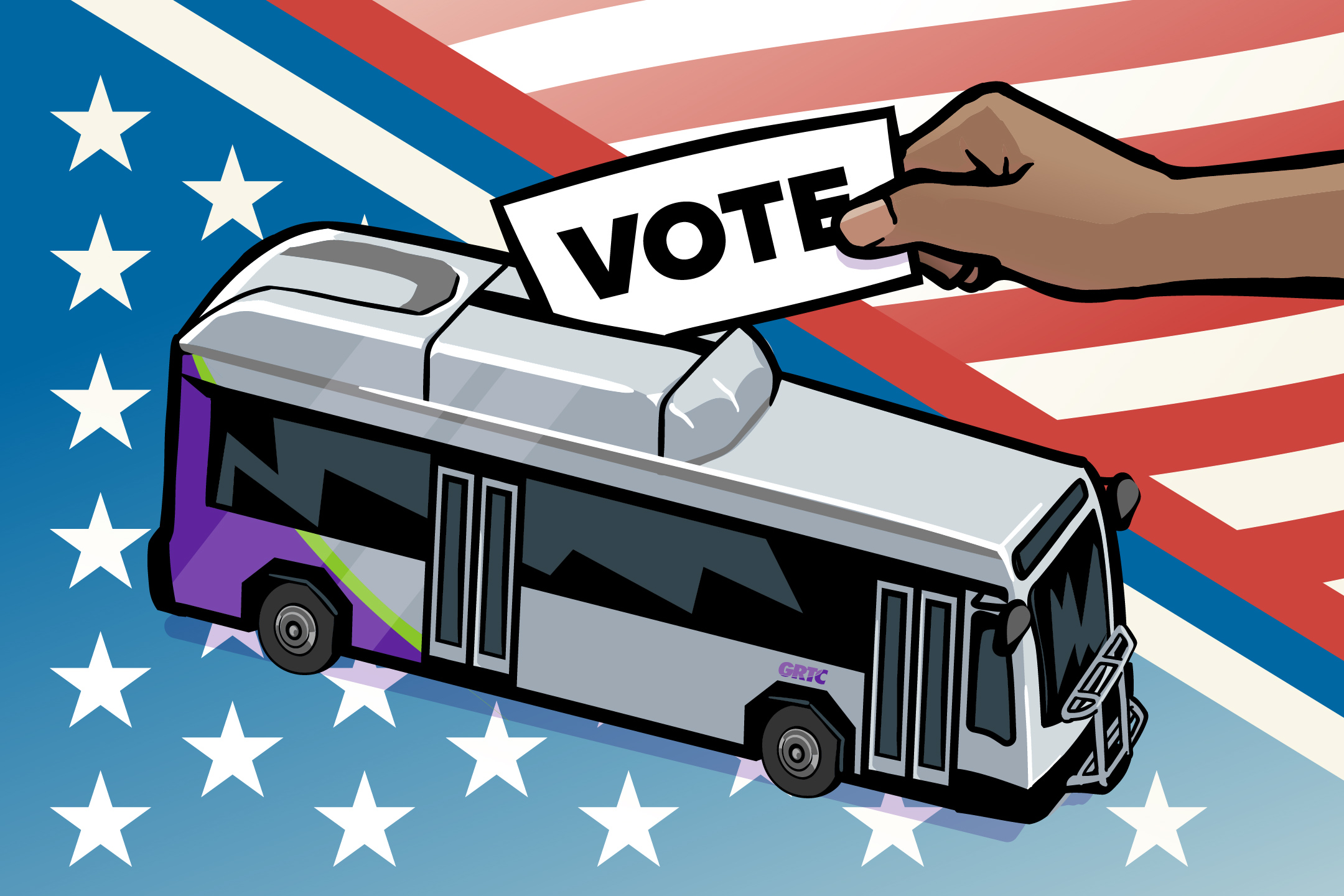 Illustration of a ballot box shaped like a GRTC bus. A hand is placing a card in the top of the bus ballot box that says 