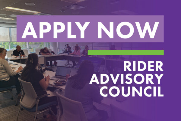 Photo of council meeting with text Apply Now! Rider Advisory Council