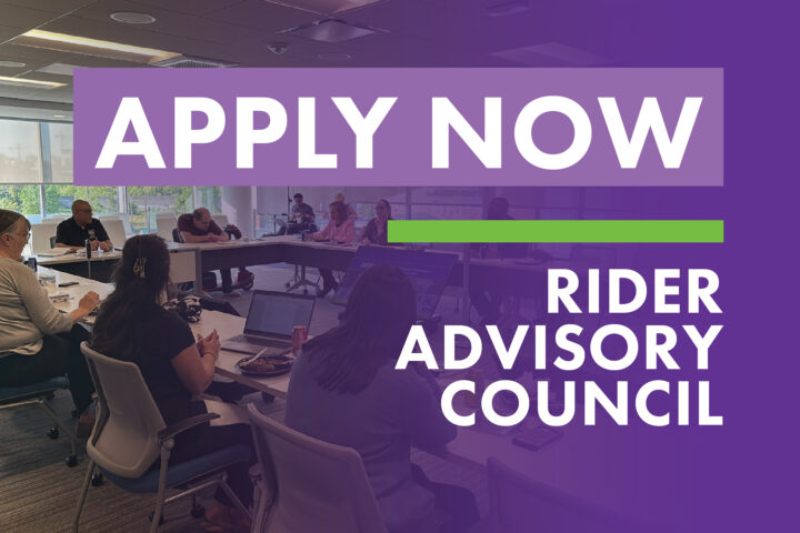 Photo of council meeting with text Apply Now! Rider Advisory Council