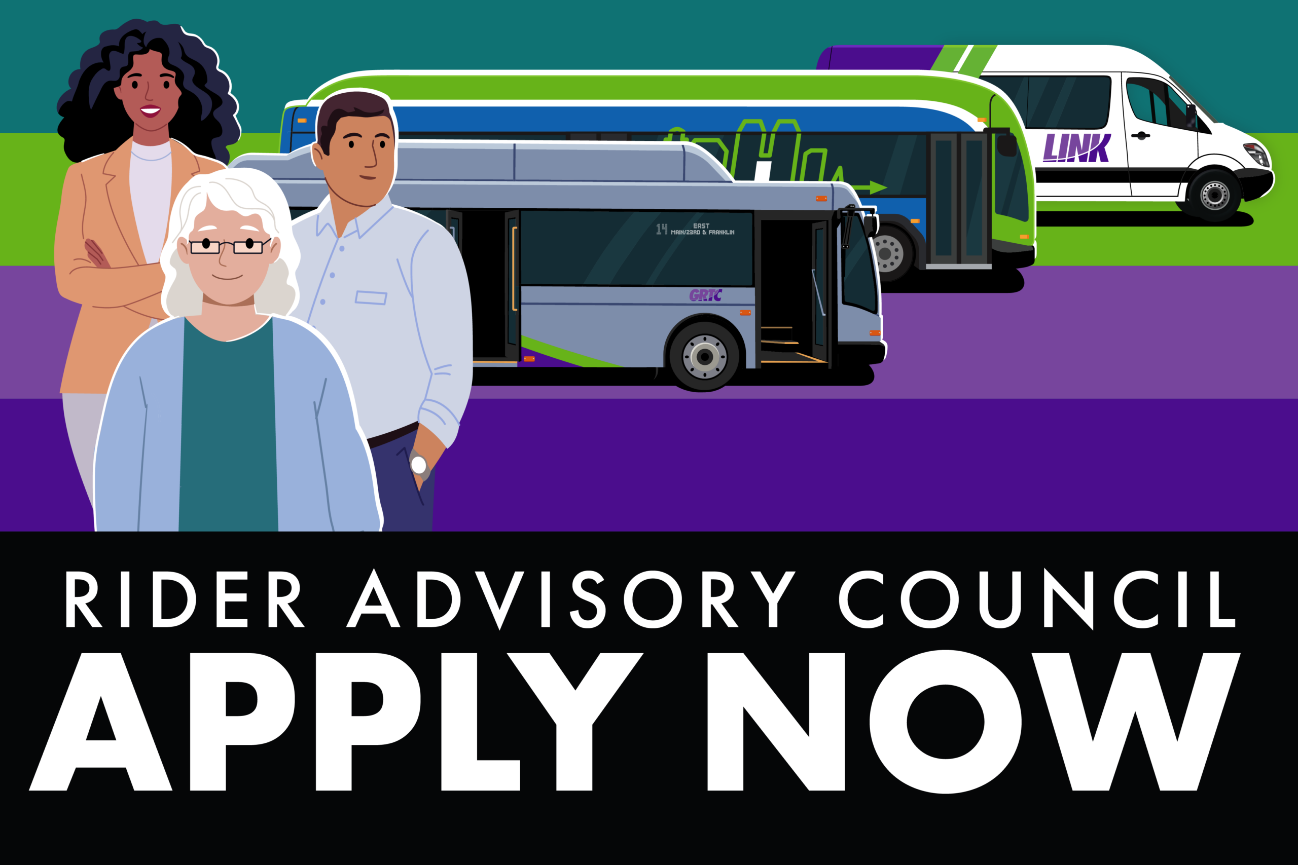 Text Rider Advisory Council: Apply Now in front of image of three riders and GRTC buses and LINK van